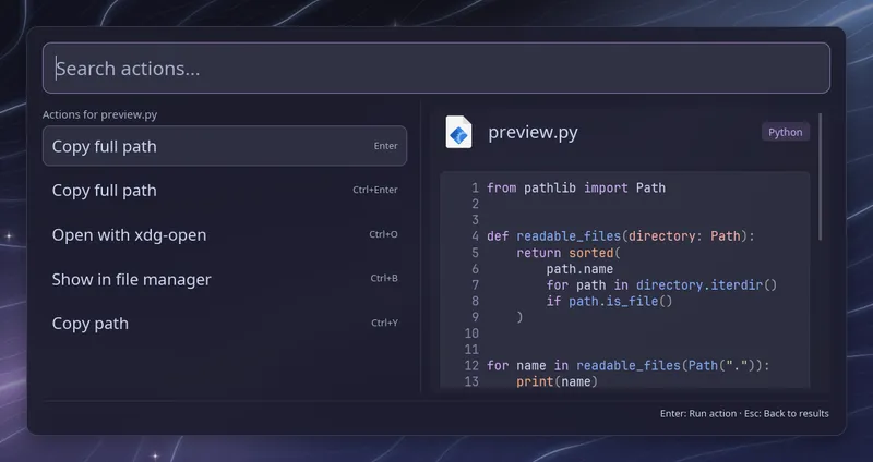 Actions for a file, with opening, file manager and copy path options