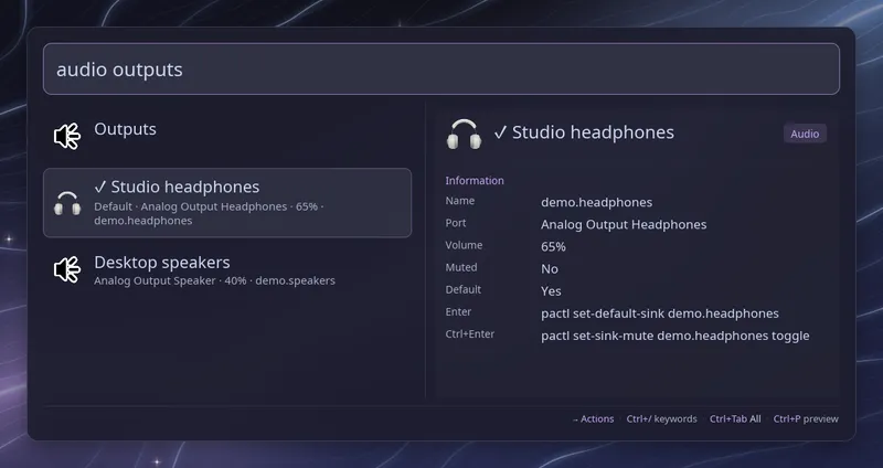 Audio outputs with demo headphones selected and their volume and default-device details