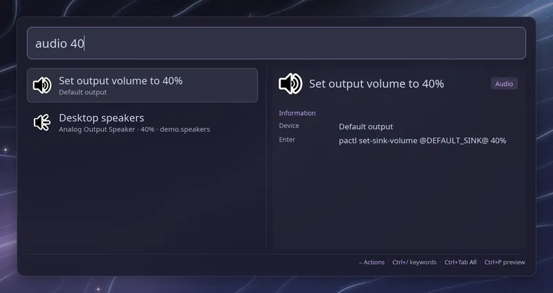 Typing audio 40 offers to set the default output volume to 40 percent