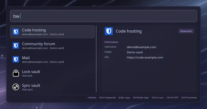 Bitwarden login list with demo entries and the selected login's username, folder and URL