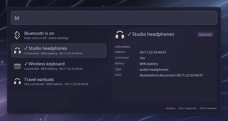 Bluetooth list with demo headphones and a keyboard connected, earbuds disconnected, and battery details