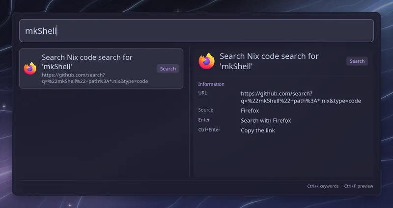 The search field asking for the term of the Nix code search bookmark, with the GitHub address it opens below