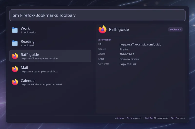 The Firefox bookmarks toolbar with its Work and Reading folders, and the details of the selected bookmark in the preview