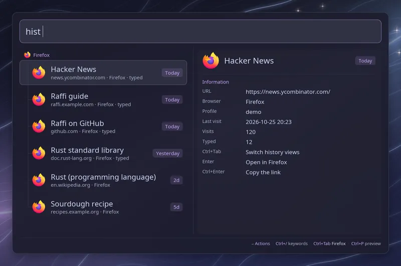 Recent browser history rows with their site, profile and relative visit time