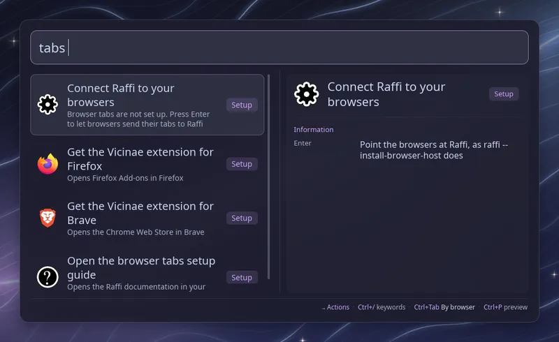 The tabs keyword offering to connect Raffi to the browsers and to open the setup guide
