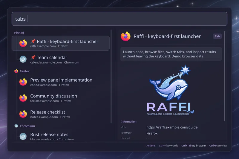 Demo browser tabs with pinned tabs listed first, then Firefox and Chromium sections, and the pinned Raffi guide selected with its description and logo in the preview