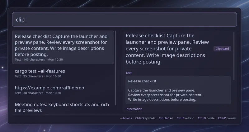 Clipboard history with a demo release checklist selected and its multiline text in the preview pane