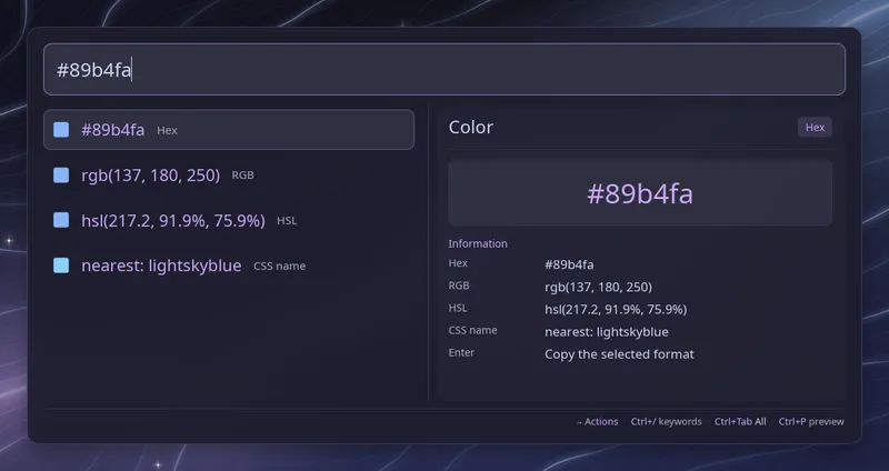 The color #89b4fa shown as hex, RGB, HSL and its nearest CSS color name, with matching swatches