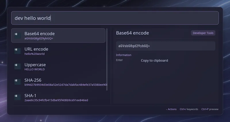Developer tools converting hello world to Base64, URL encoding, uppercase and hashes