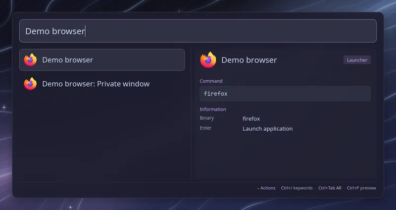 A demo browser desktop entry and its Private window action listed in Raffi