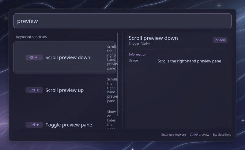 Help list filtered to the preview shortcuts