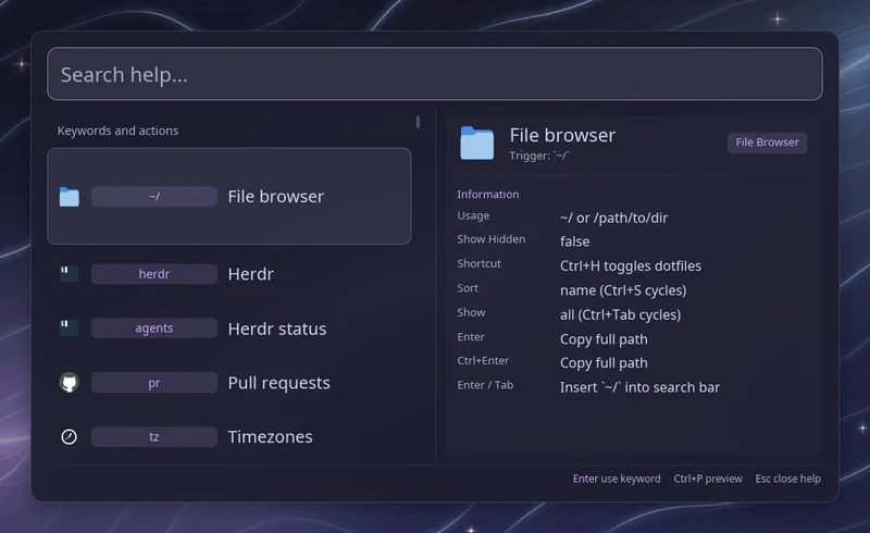 Keyword and shortcut help list
