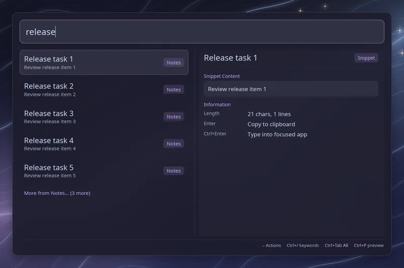 Five matching notes followed by More from Notes showing three additional matches