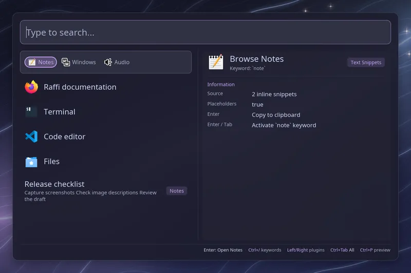 An empty search showing apps and a recently picked demo snippet