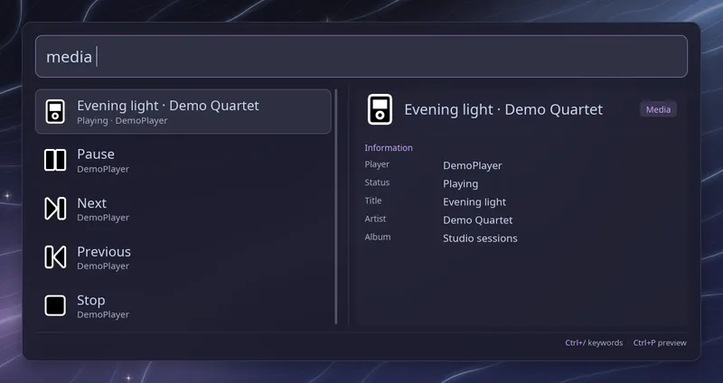 Media controls for a demo player, with track details and Pause, Next, Previous and Stop rows