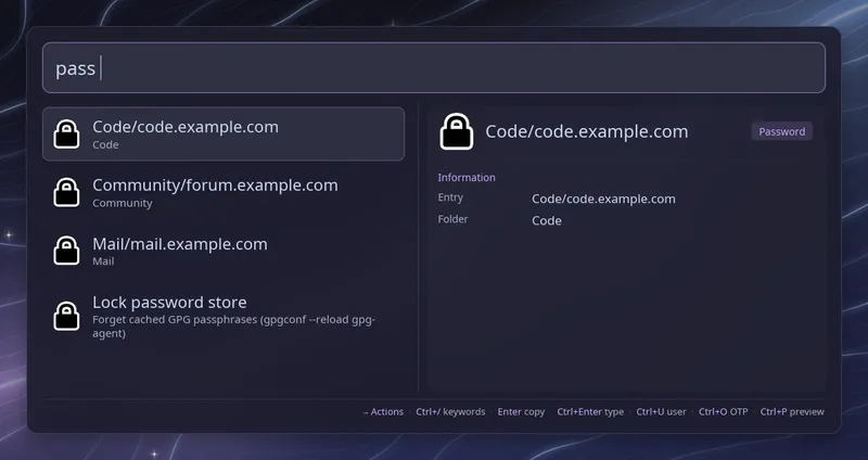 Password-store listing with fictional code, community and mail entries; no passwords are displayed