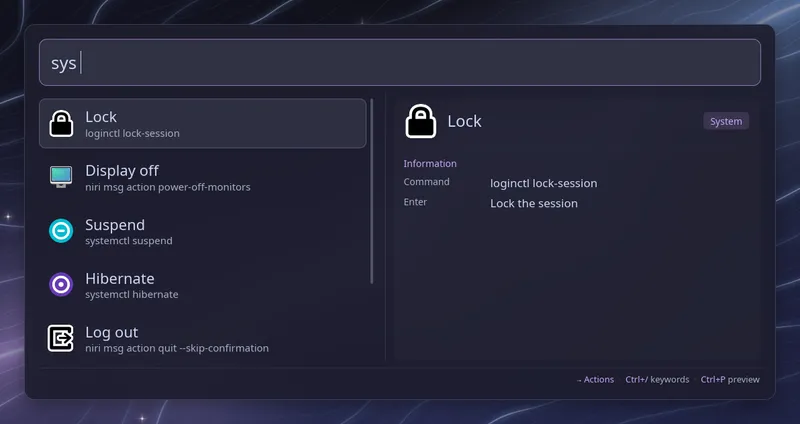 System commands with Lock selected and Display off, Suspend, Hibernate and Log out visible