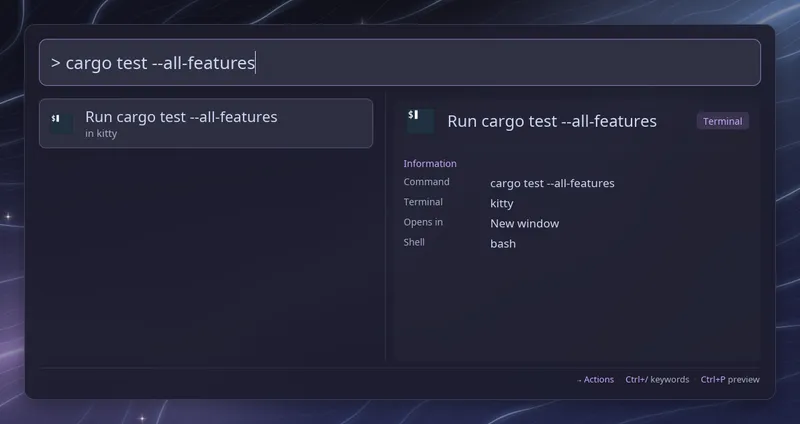 Typing a cargo test command after the greater-than keyword offers to run it in kitty, with shell and target details