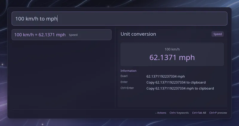 Converting 100 kilometres per hour to 62.1371 miles per hour, with the precise value in the preview