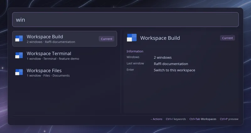 Workspaces view listing the Build, Terminal and Files workspaces with their window counts, Build marked Current