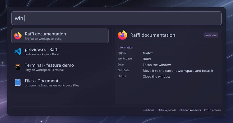 Window switcher with demo browser, editor, terminal and file-manager windows grouped by their workspaces