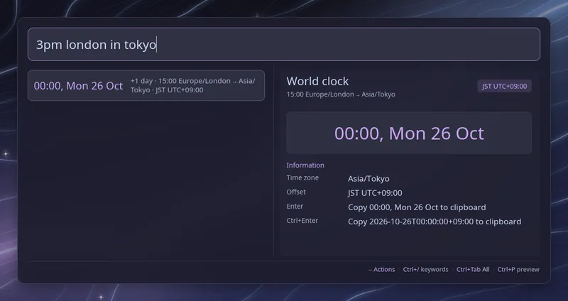 Converting 3pm in London to 23:00 in Tokyo, with timezone and copy actions in the preview
